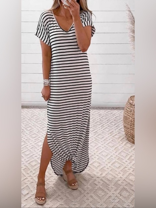Dresses & Skirts - Boutique Striped Midi Dress Fitted V Neck - Size Large - NWT